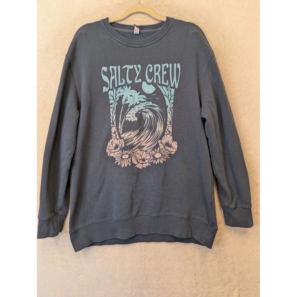 Salty Crew Women's Size‎ M Blue Graphic Pullover Sweatshirt Surf Beach Wave Palm